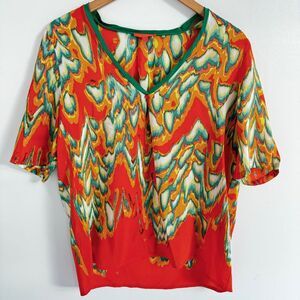 GLAM Ladies Blouse‎ Top Large V Neck Short Sleeve 100% Silk Resort Tropical Ikat